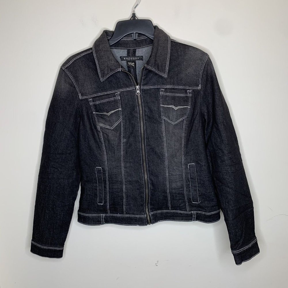 Baccini Womens M Black Denim Zip Up Long Sleeve Basic Collared Jean Jacket